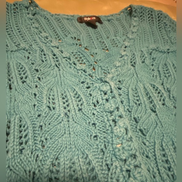 Women’s Style & Co. Dress Knit Cotton Sweater Blue Turquoise Medium snap Buttons - Picture 6 of 12